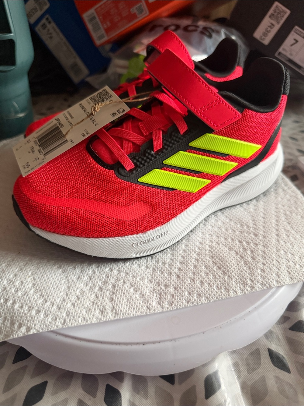 Adidas Kids’ Red Running Shoes with Neon Accents